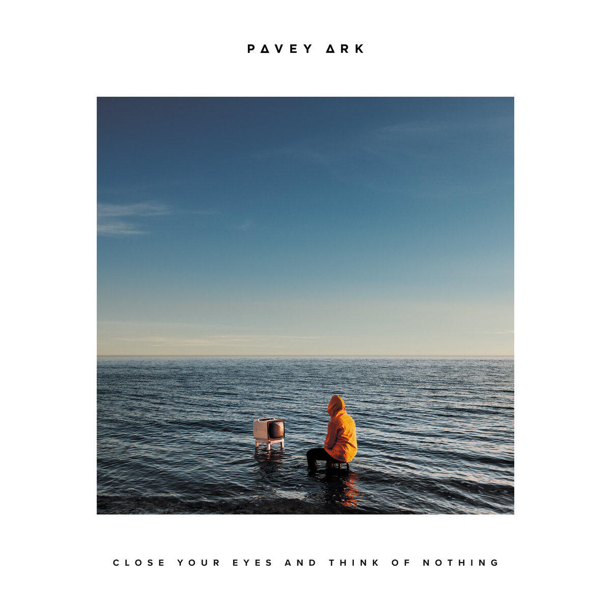 Close Your Eyes and Think of Nothing album artwork - a man in yellow raincoat sits on a stool in the middle of the sea, watching an old fashioned TV with nothing on it.